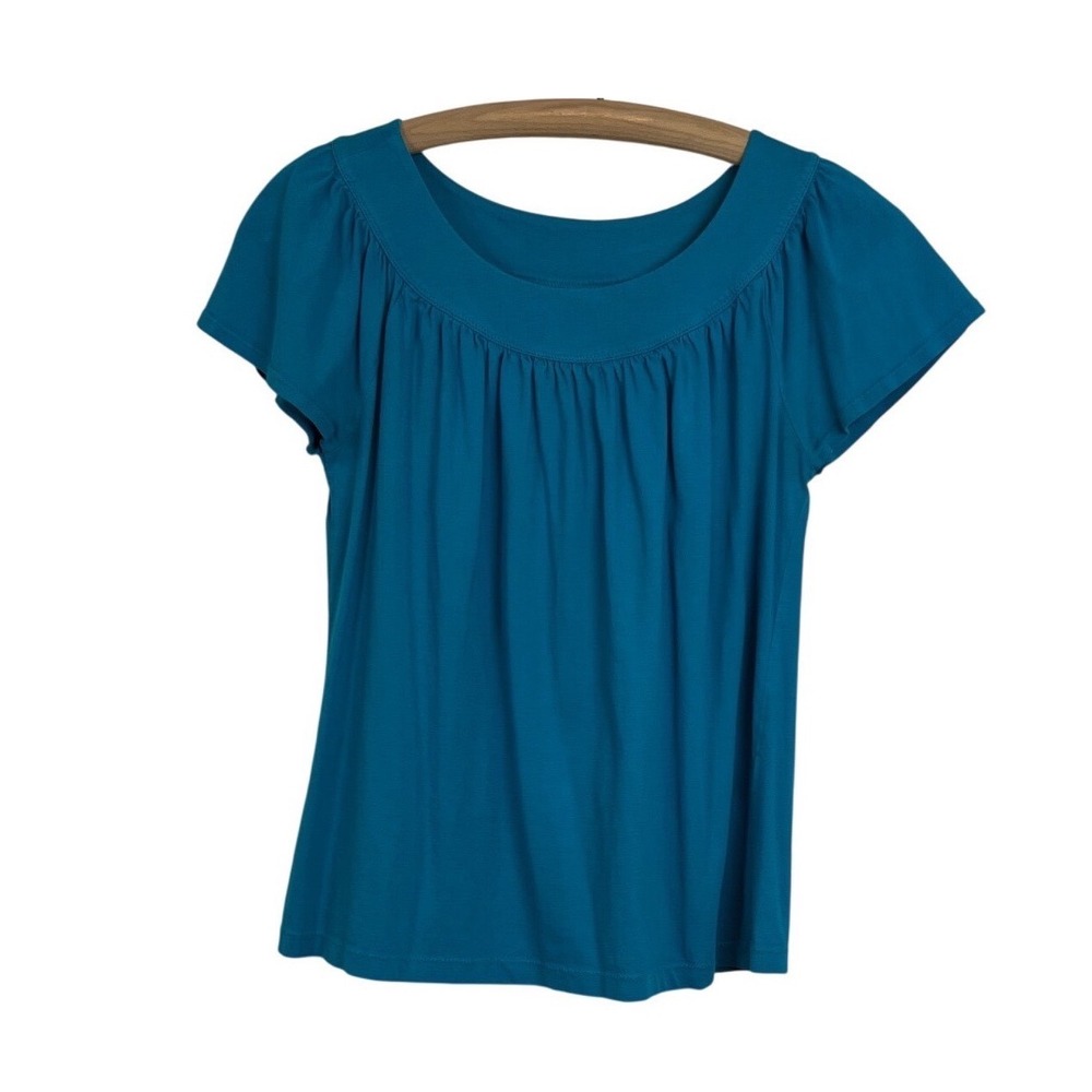 Chaus Organic Top Women S Teal Blue Short Sleeve Pleated Scoop Neck Blouse F21